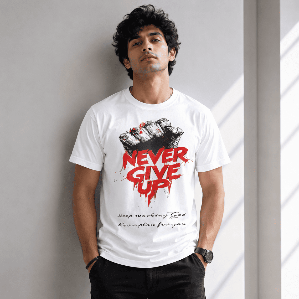 Never Give Up Red Regular Fit T-Shirt