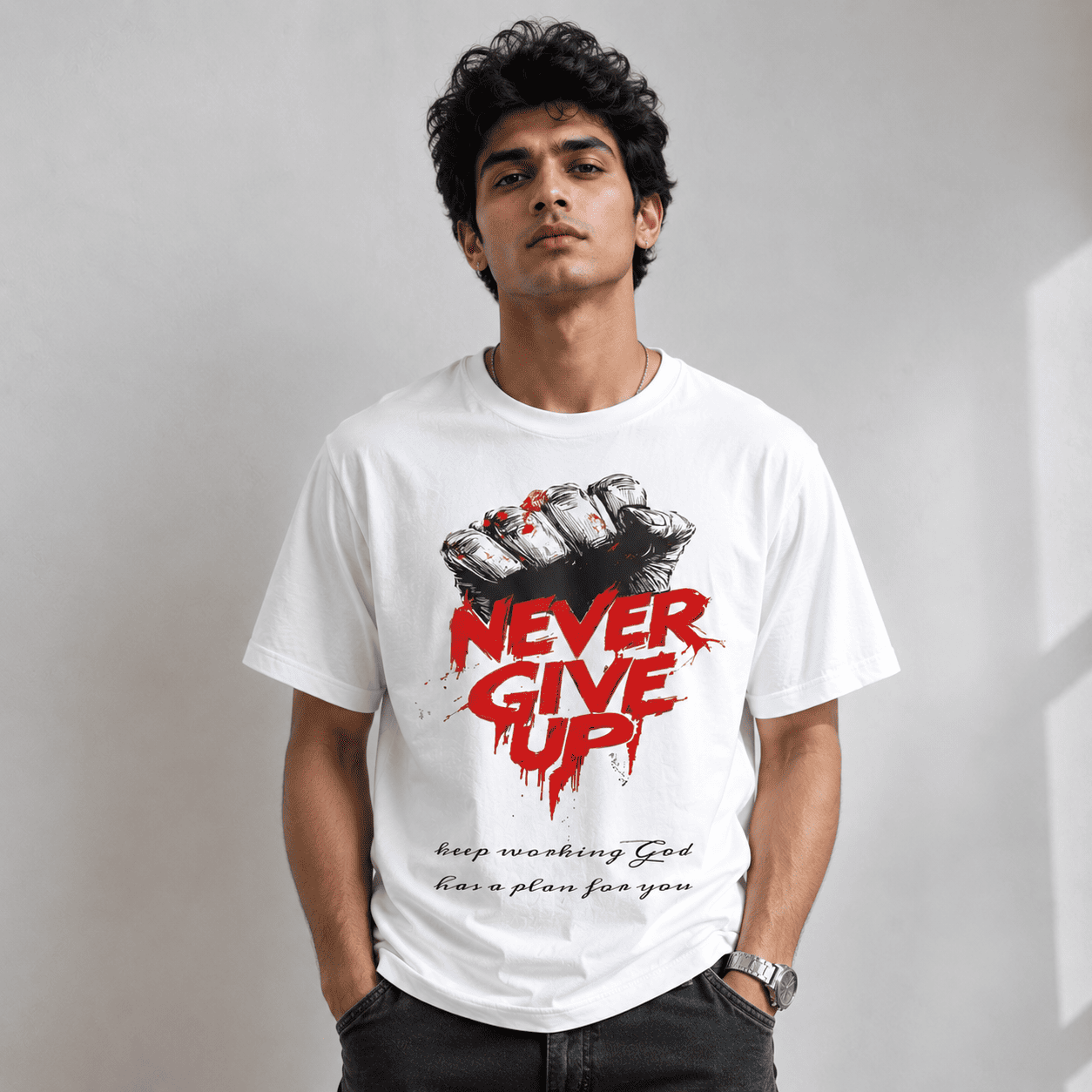 Never Give Up Red Regular Fit T-Shirt